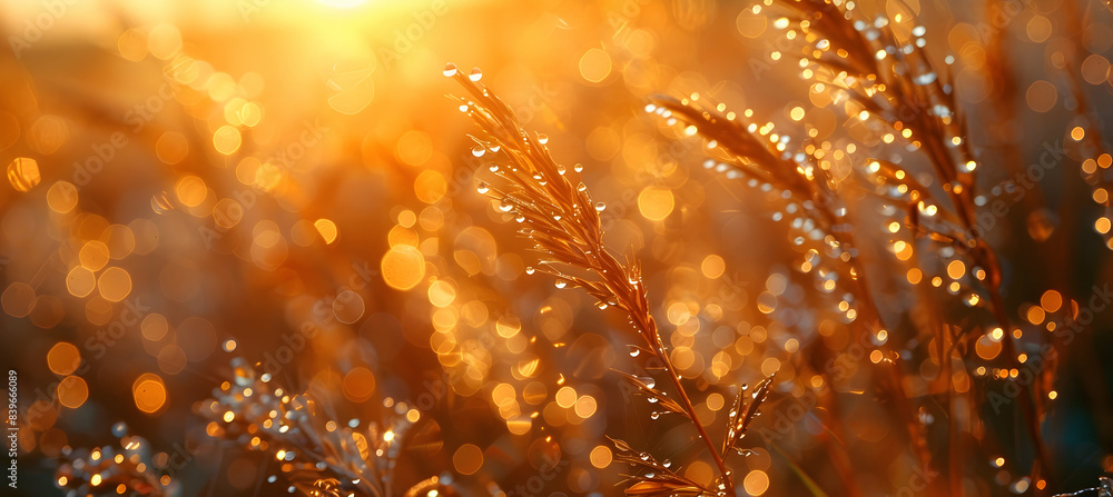 A close-up of nature marsh plants with water droplets glistening in the morning light A close-up of nature marsh plants with water droplets glistening in the morning light