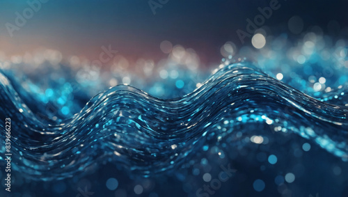 Digital particles wave in abstract blue hues with bokeh and light background. photo