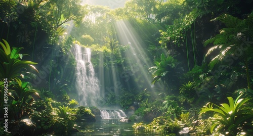 Sunbeams Filtering Through Lush Rainforest Canopy With Waterfall