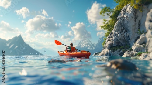 A person paddles a kayak through calm water, with surrounding nature visible