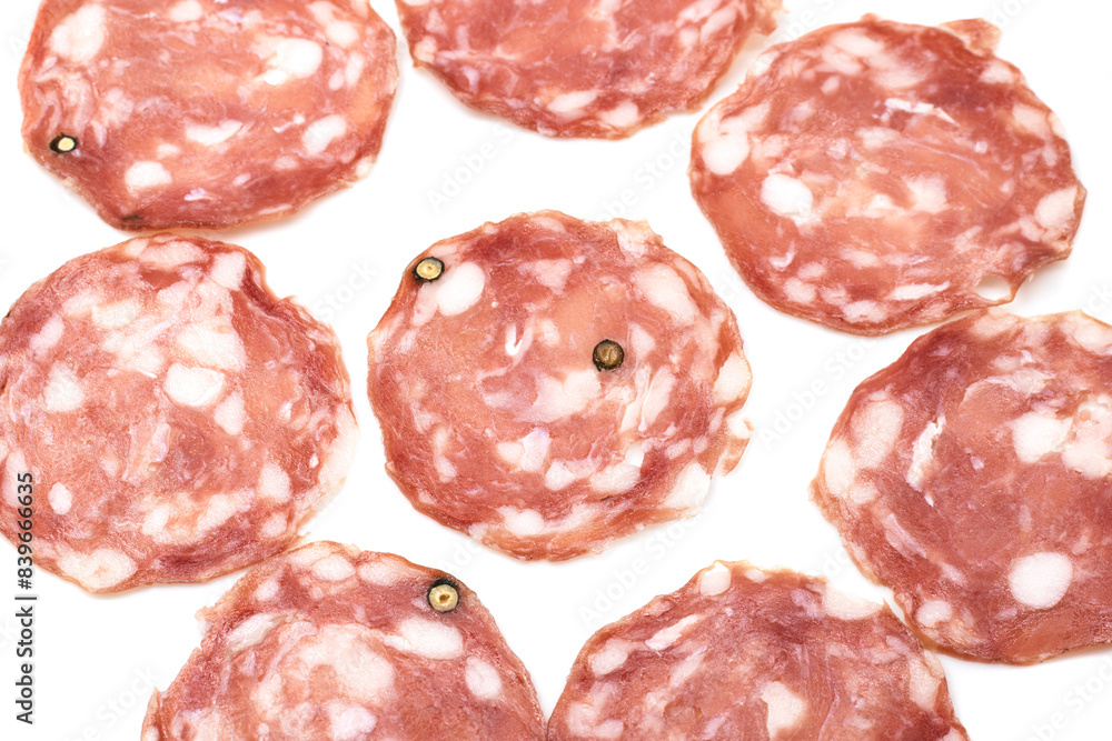 slices of Napoli salami.Fette di salame Napoli.Cold cuts close-up slices of Napoli salami.Fette di salame Napoli.Cold cuts close-up