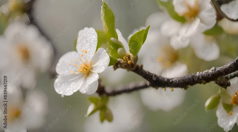White flower Apricot with raindrops on the petals, flowering in the garden of Apricot trees, against the background of blooming white flowers White flower Apricot with raindrops on the petals, flowering in the garden of Apricot trees, against the background of blooming white flowers