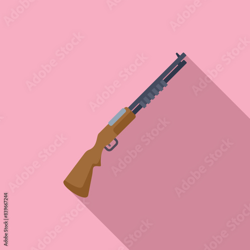 Classic pump shotgun laying on a pink background with a long shadow