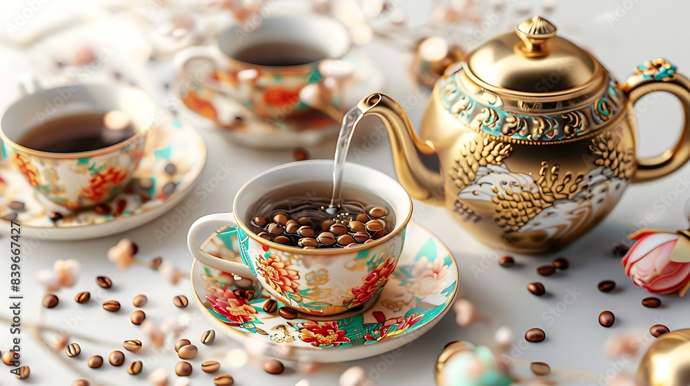 A set of coffee and tea cups, a teapot with floral patterns on the body, an open golden teapot decorated in gold color and coffee beans spilling out from inside on an isolated white background A set of coffee and tea cups, a teapot with floral patterns on the body, an open golden teapot decorated in gold color and coffee beans spilling out from inside on an isolated white background