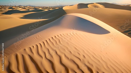 Mmesmerizing patterns of sand dunes shifting in the desert wind, golden waves glistening under the bright sun photo