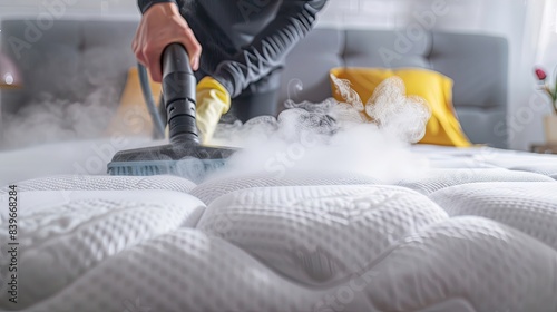 Cleaning and disinfection of the white mattress in the bedroom with hot steam. 