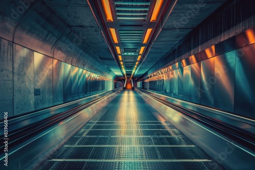 An escalator passing through a tunnel lit by colorful lights