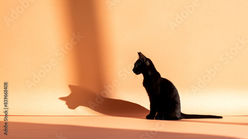 Silhouette of Black Cat Against Orange Background. Ideal for Halloween and Mystical Themes.