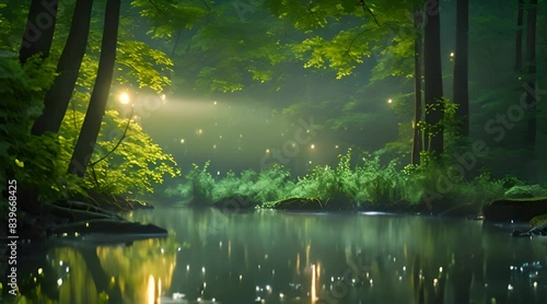 Bioluminescent glow of fireflies dancing in a summer forest at night, their tiny lights flickering like stars photo