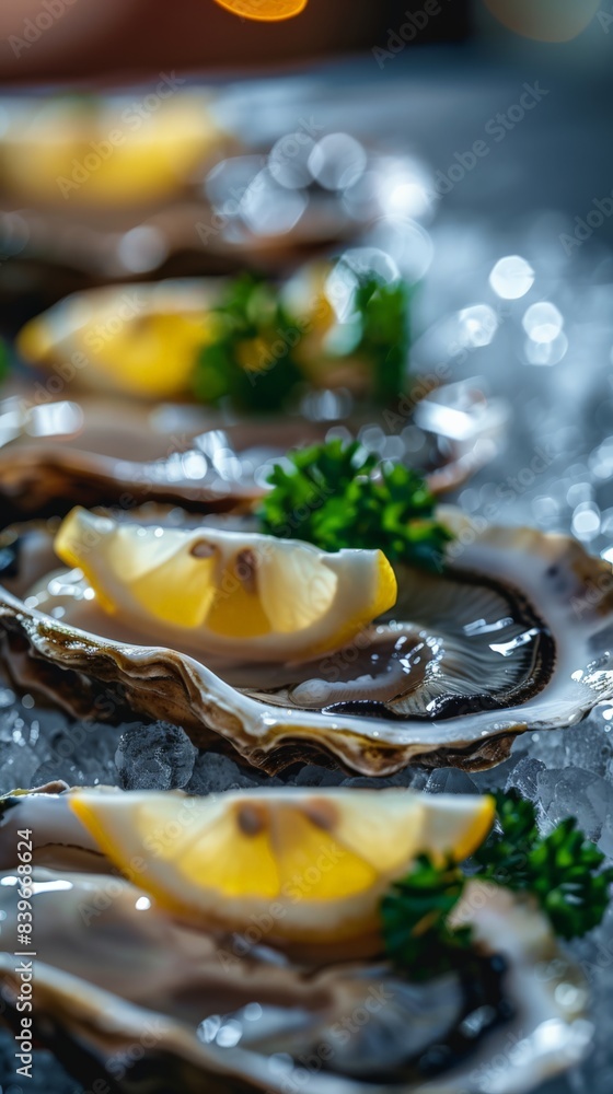 Close-up of fresh oysters on ice with lemon slices and parsley. Ideal for gourmet culinary presentations and seafood lovers Close-up of fresh oysters on ice with lemon slices and parsley. Ideal for gourmet culinary presentations and seafood lovers