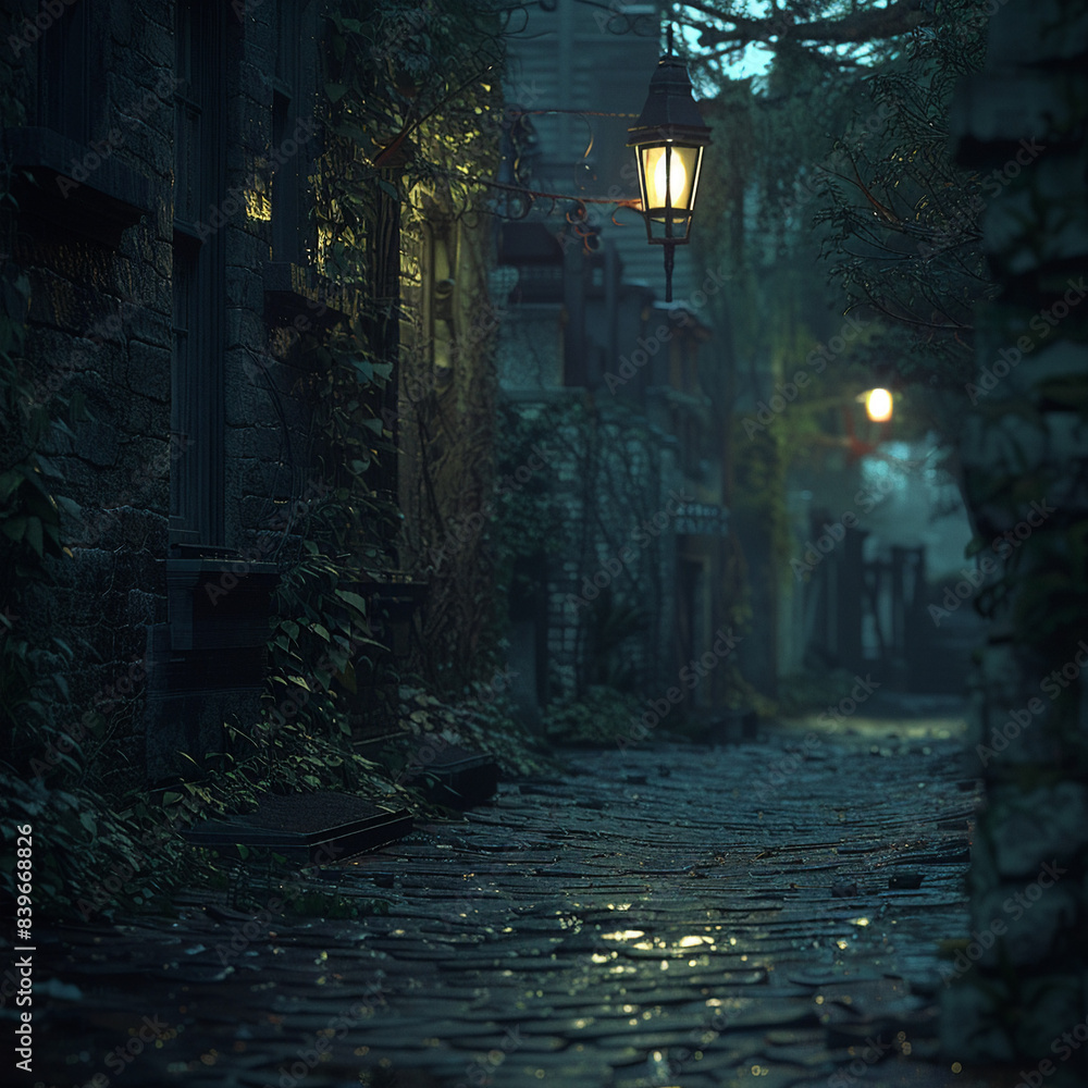 Fototapeta premium Electric Lantern, Victorian cybernetics, An electric lantern illuminates a darkened alleyway in a Victorian city, casting eerie shadows on the cobblestone ground Photography