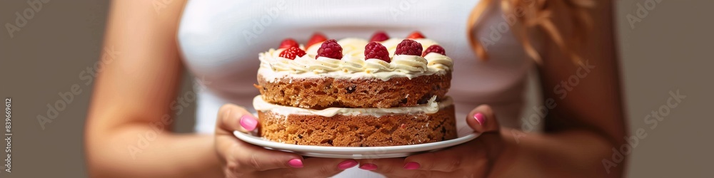 cake close-up against the background of a fat woman. cake close-up against the background of a fat woman.