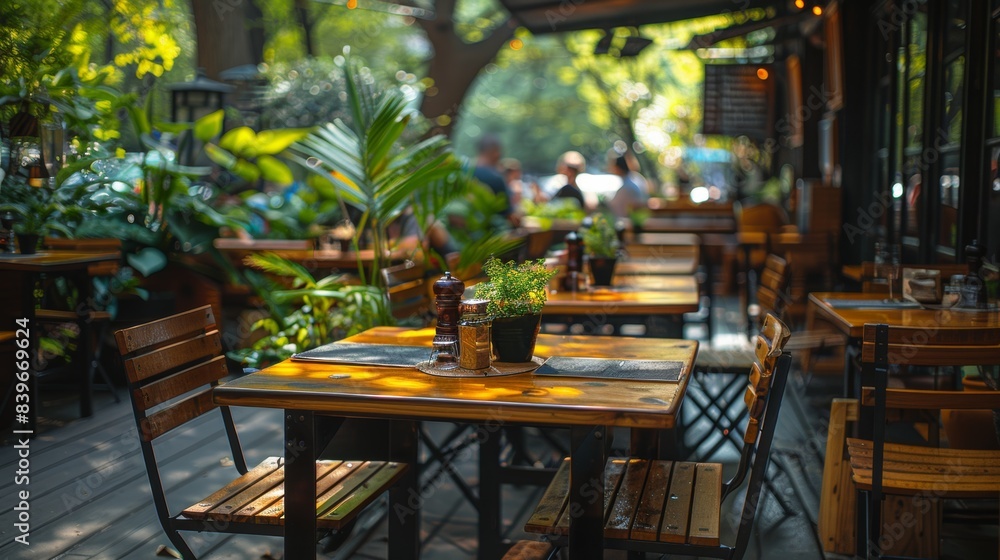 alfresco dining with wooden tables, chairs on a patio, lush greenery in the background, ideal for a peaceful meal outdoors alfresco dining with wooden tables, chairs on a patio, lush greenery in the background, ideal for a peaceful meal outdoors