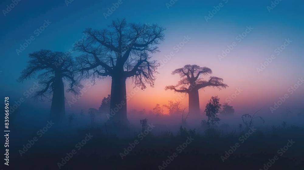 Majestic baobab trees at sunrise in the National Park of Hasina, Stewartree against a clear blue sky. 
