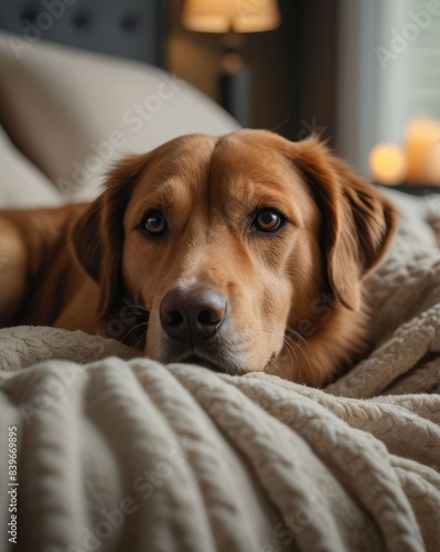 A heartwarming scene of a senior dog resting peacefully on a comfortable bed, with a soft blanket and gentle lighting creating a cozy atmosphere
