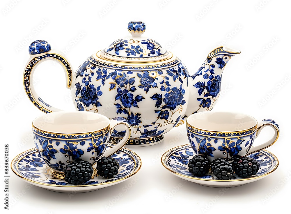 A set of elegant porcelain tea set with a blue and white pattern, golden trim on the sides, including a coffee pot, teacup, saucer, and plate A set of elegant porcelain tea set with a blue and white pattern, golden trim on the sides, including a coffee pot, teacup, saucer, and plate
