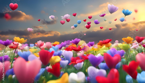 Closeup widscreen image view of launching colorful and multiple 3D love hearts from flowers garden.jpg