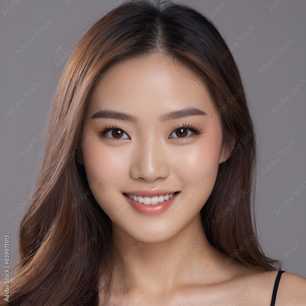 Fototapeta premium Pretty Asian beauty woman long hair with japanese makeup glowing face and healthy facial skin portrait smile on isolated grey background
