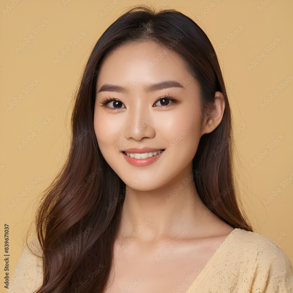 Pretty Asian beauty woman long hair with japanese makeup glowing face and healthy facial skin portrait smile on isolated light yellow background Pretty Asian beauty woman long hair with japanese makeup glowing face and healthy facial skin portrait smile on isolated light yellow background