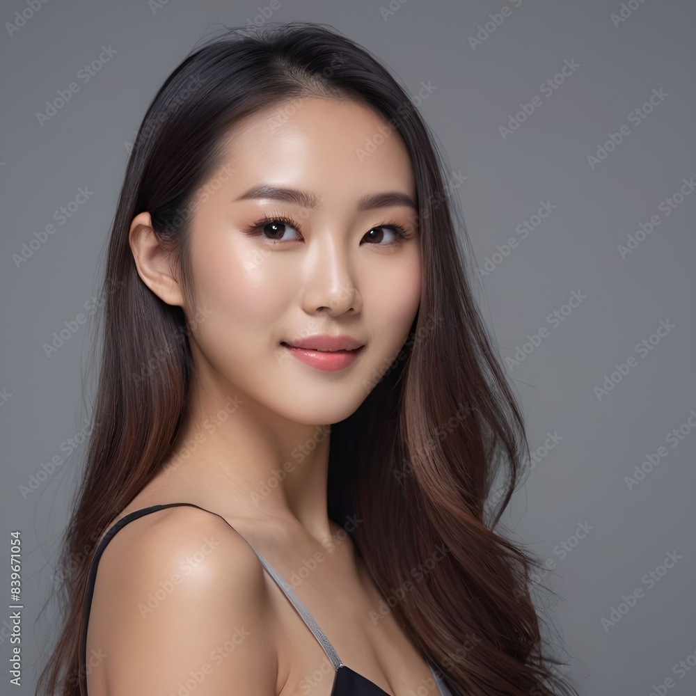 Pretty Asian beauty woman long hair with japanese makeup glowing face and healthy facial skin portrait smile on isolated grey background Pretty Asian beauty woman long hair with japanese makeup glowing face and healthy facial skin portrait smile on isolated grey background