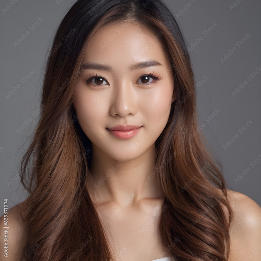 Pretty Asian beauty woman long hair with japanese makeup glowing face and healthy facial skin portrait smile on isolated grey background Pretty Asian beauty woman long hair with japanese makeup glowing face and healthy facial skin portrait smile on isolated grey background