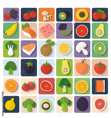 A set of flat vector icons for healthy food  with squares in different colors and shapes representing 