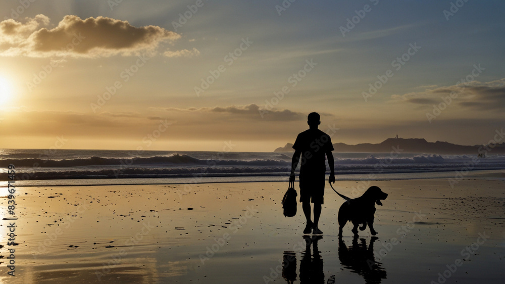 Silhouette of a Man Walking with His Dog on a Sunset Beach Silhouette of a Man Walking with His Dog on a Sunset Beach