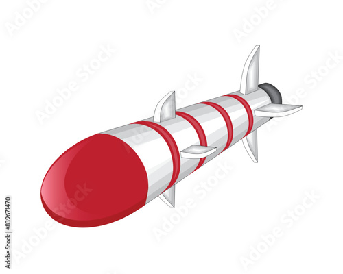 vector design of a white and gray missile or rocket-shaped bomb with a red head and red lines on the body of the missile and there are fins to balance the missile photo