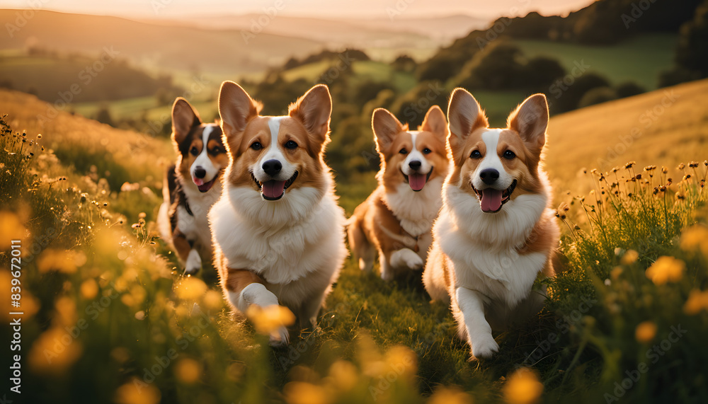 Five Pembroke Welsh corgis running in Welsh countryside at sunset Five Pembroke Welsh corgis running in Welsh countryside at sunset