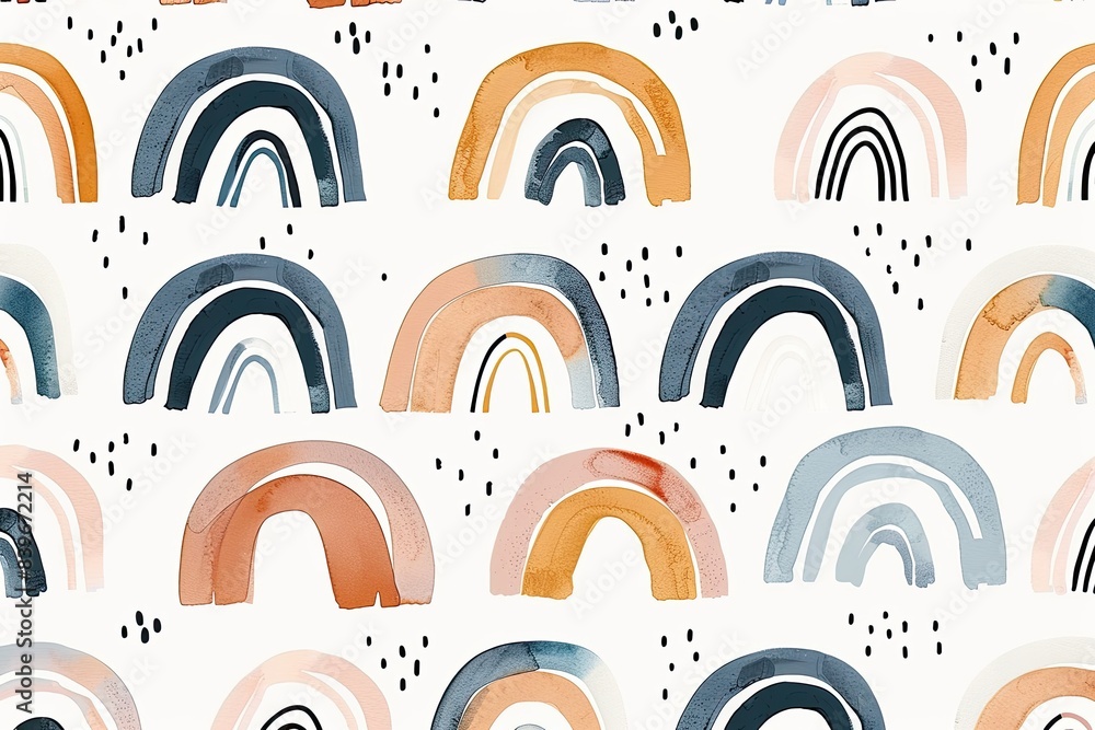 Small, minimalist rainbows in muted tones, repeated in a cute pattern on a white background Small, minimalist rainbows in muted tones, repeated in a cute pattern on a white background
