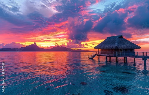 Overwater Bungalow at Sunset With Mountain Views in the South Pacific