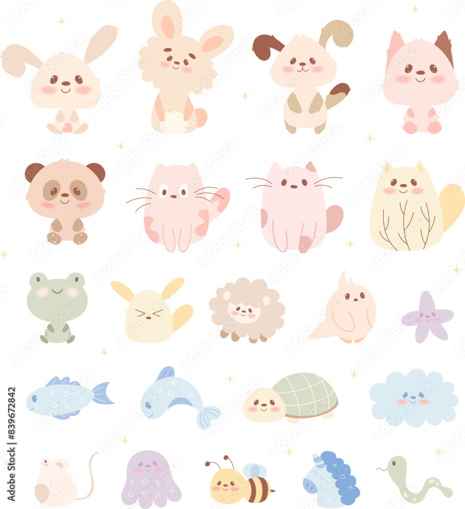Set of cute kawaii animals in hand draw flat style. Rabbit, hare, cat, bear, frog,sheep, bird, snake, turtle,fish, bee, cloud, star, mouse, octopus,dog,dolphin,unicorn. Vector illustration Set of cute kawaii animals in hand draw flat style. Rabbit, hare, cat, bear, frog,sheep, bird, snake, turtle,fish, bee, cloud, star, mouse, octopus,dog,dolphin,unicorn. Vector illustration