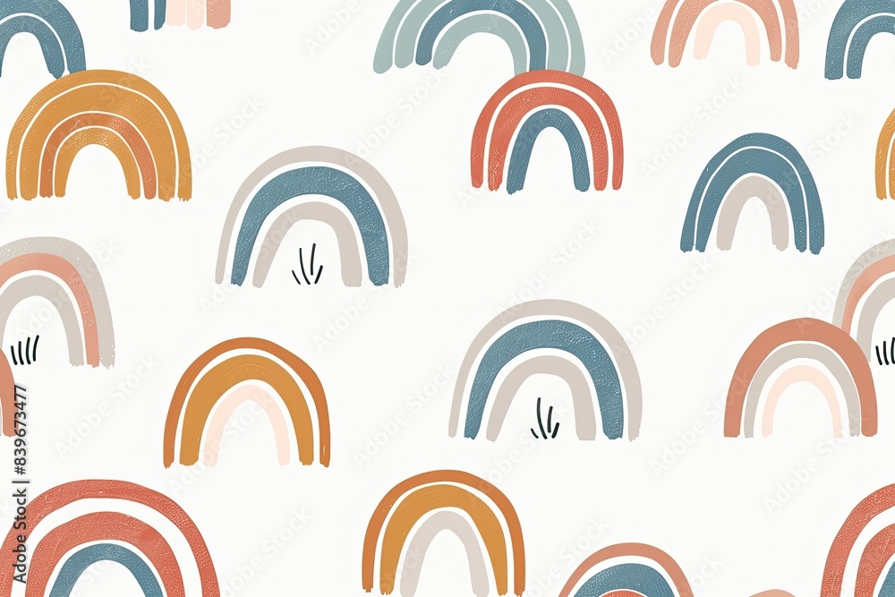 Small, minimalist rainbows in muted tones, repeated in a cute pattern on a white background Small, minimalist rainbows in muted tones, repeated in a cute pattern on a white background