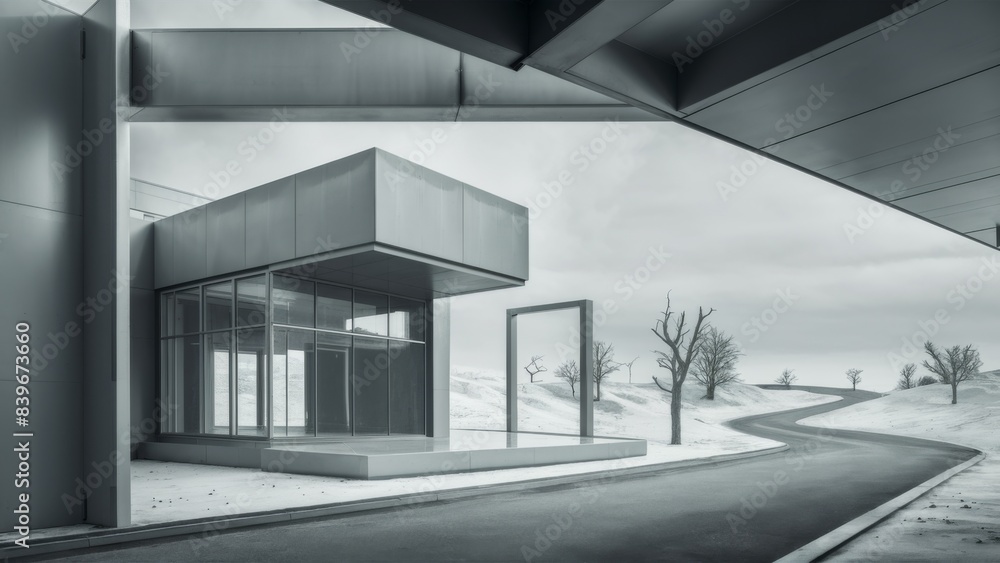 A black and white photo of a building with snow on the ground, AI A black and white photo of a building with snow on the ground, AI