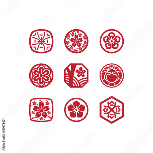 KAMON are Japanese emblems used for decoration and personal identification. Japanese family crest or symbol. Set one.