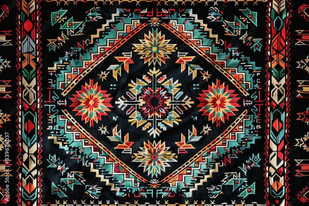 A vibrant area rug with a bold pattern sits atop a sleek black background A vibrant area rug with a bold pattern sits atop a sleek black background