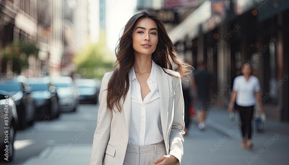 A woman with brown hair wearing a white blazer and white shirt is walking down a city street. A woman with brown hair wearing a white blazer and white shirt is walking down a city street.