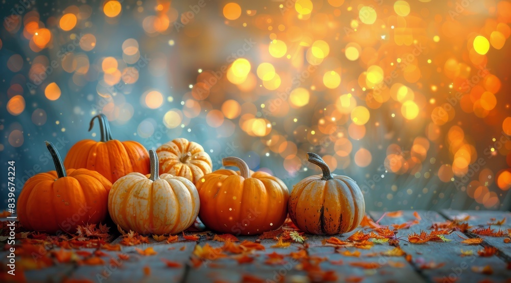 Two Pumpkins Resting On A Wooden Table With A Bokeh Background Two Pumpkins Resting On A Wooden Table With A Bokeh Background