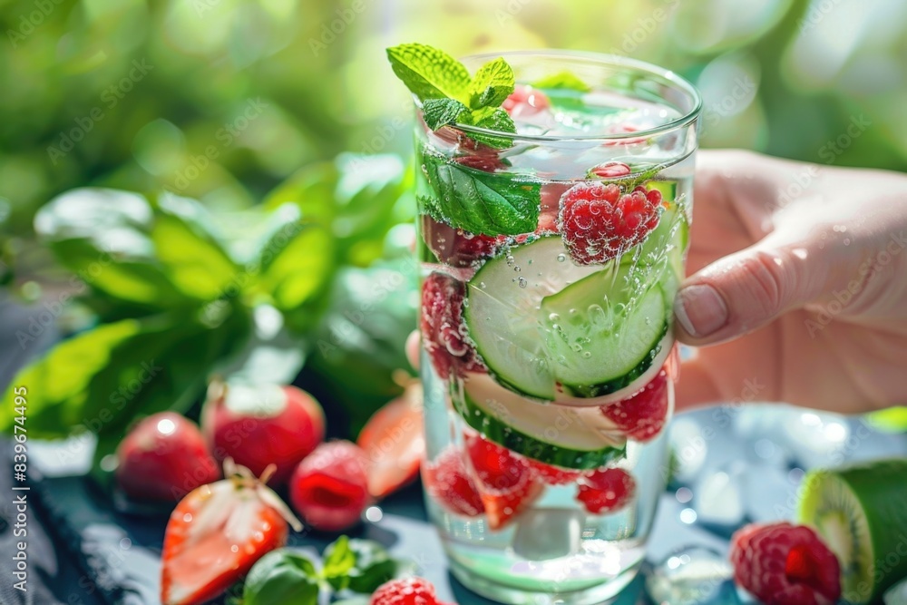 A person holds a glass containing a cucumber, creating a refreshing and hydrating elixir A person holds a glass containing a cucumber, creating a refreshing and hydrating elixir