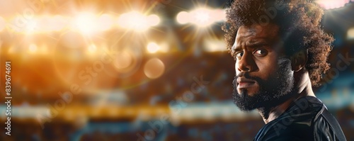 Afro men rugby player stands inside a football stadium, sportsmen active lifestyle banner. Gemerative Ai.