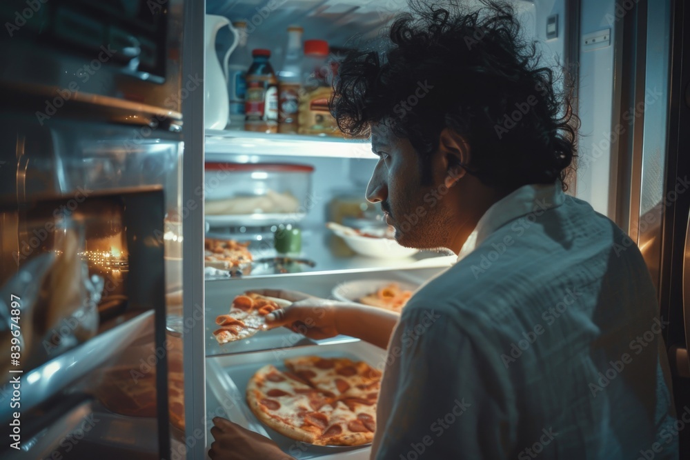A person examining the inside of an open fridge, possibly searching for something or checking expiration dates A person examining the inside of an open fridge, possibly searching for something or checking expiration dates