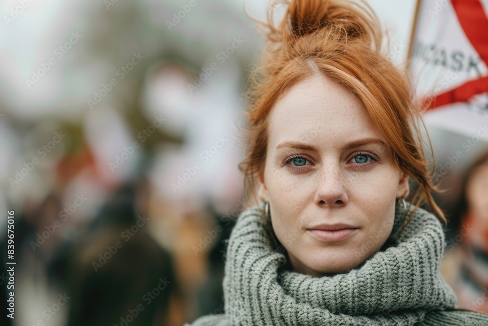 A woman stands elegantly with a scarf draping around her neck, a serene expression on her face A woman stands elegantly with a scarf draping around her neck, a serene expression on her face