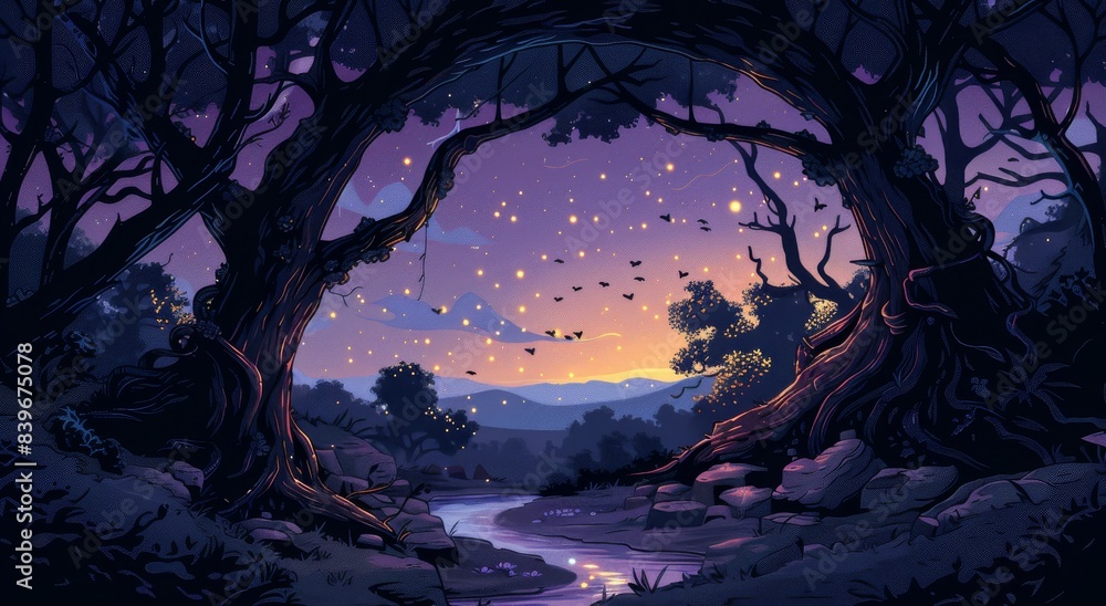 A Twilight View of a Stream in a Purple Forest A Twilight View of a Stream in a Purple Forest