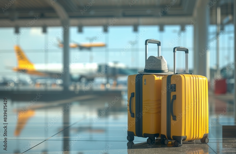 Two Yellow Suitcases Resting in Airport Terminal Two Yellow Suitcases Resting in Airport Terminal
