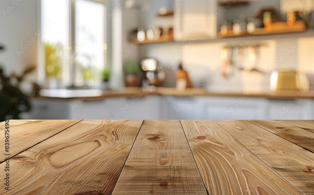 Empty wooden table top with blurred kitchen interior background 