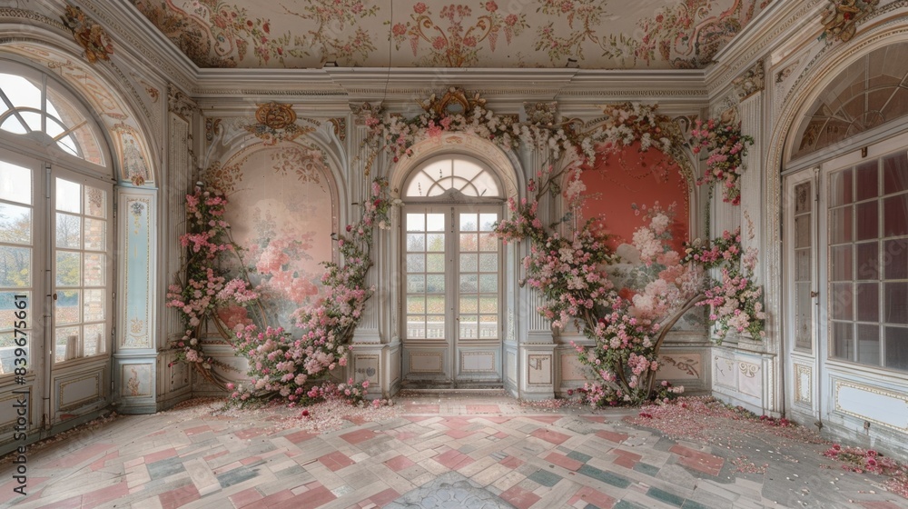 Naklejka premium rococo interior design, the intricate floral designs and soft pastel colors on the walls exude an elegant and sophisticated vibe in the rococo style