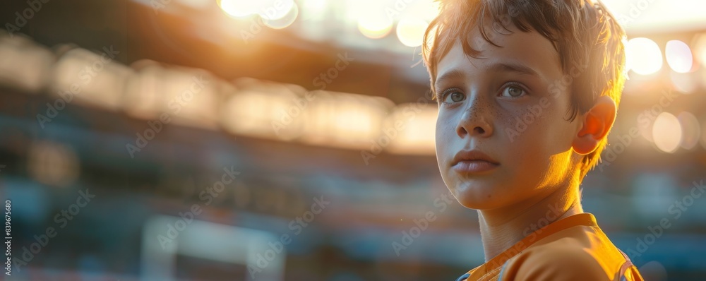 European boy kid rugby player stands inside a football stadium, sportsmen active lifestyle banner. Gemerative Ai. European boy kid rugby player stands inside a football stadium, sportsmen active lifestyle banner. Gemerative Ai.