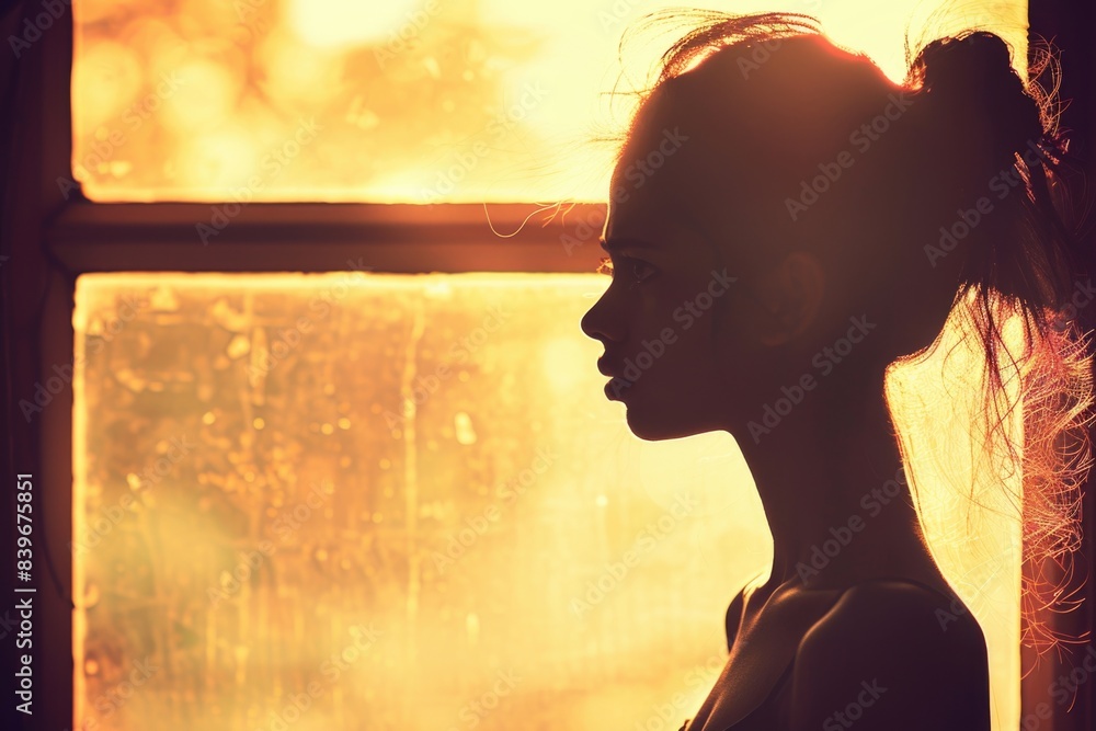 A mysterious silhouette of a woman looking contemplative as she gazes out a window into the unknown A mysterious silhouette of a woman looking contemplative as she gazes out a window into the unknown
