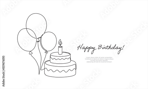 Birthday cake in continuous line art drawing style. Traditional birthday cake with candle on the top minimalist black linear sketch isolated on white background. Vector illustration