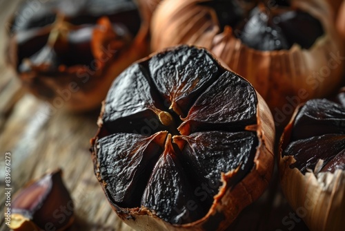 An intimate look at halved black garlic bulbs, exposing their smooth, burgundy flesh. Controlled fermentation infuses a sweet, caramel flavor and mild scent photo